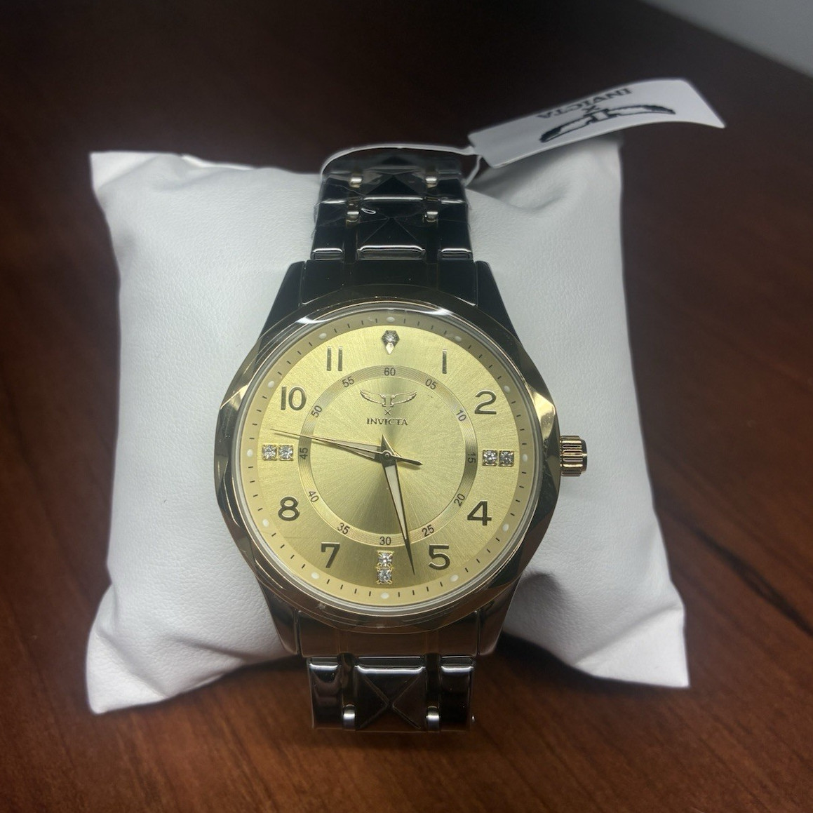 Invicta Men’s Dress Watch Gold Dial Fixed Black Bezel Black Metal Bracelet