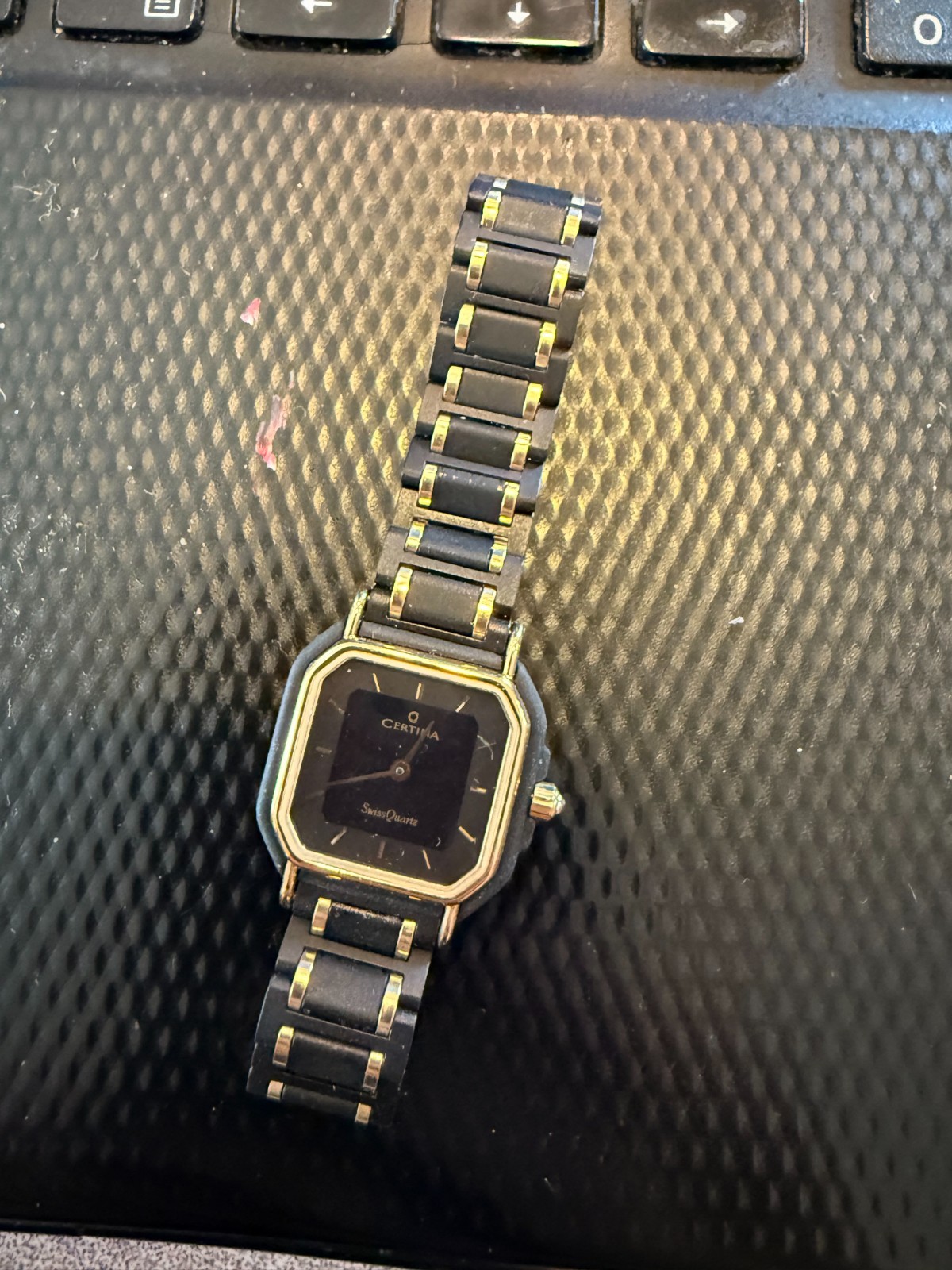 Vintage Ladies Certina 1980’s Watch w/ band Black Gold Square Quartz 30 Meters