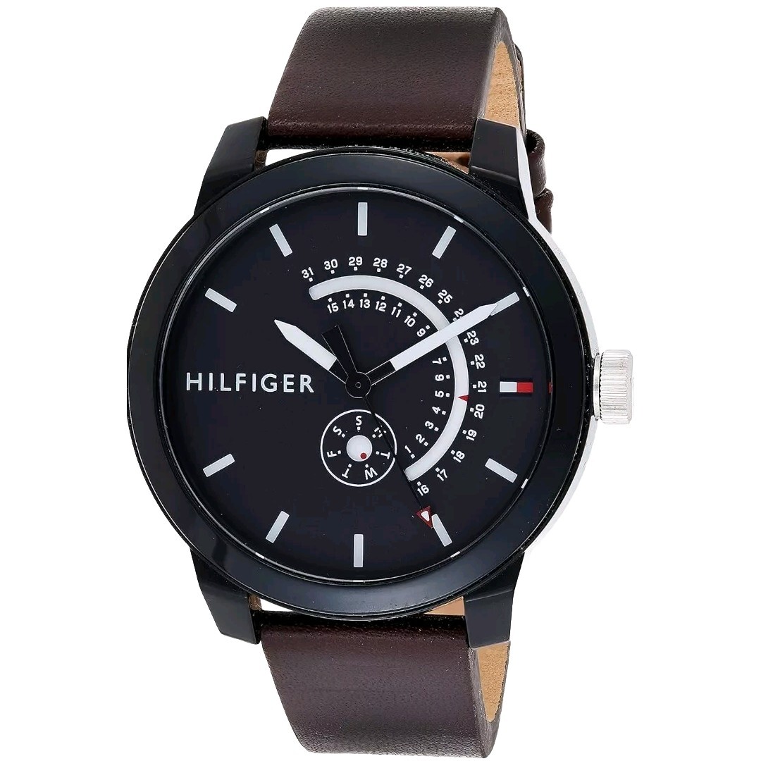 Tommy Hilfiger Men’s Watch Gray Dial Brown Leather Band 44mm Day Date 1791478
