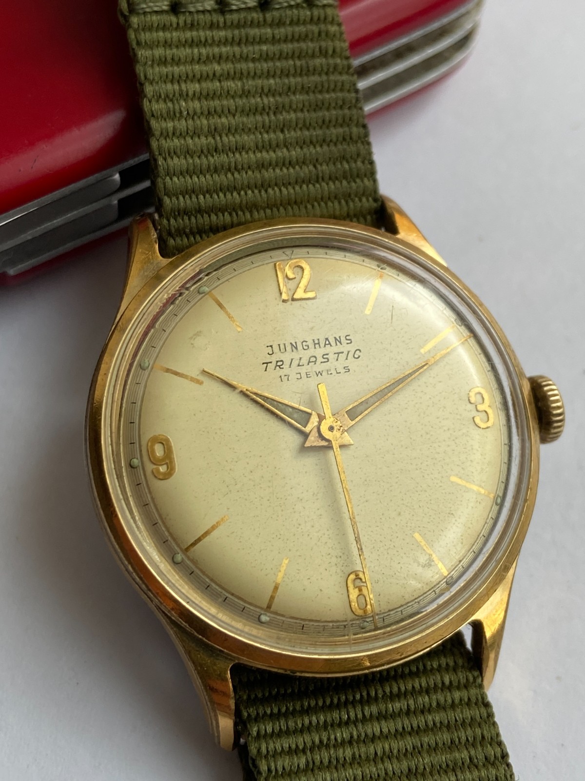 Vintage RARE Men WIRST WATCH JUNGHANS TRILASTIC GOLD PLATED 17 J TOP CAL. 93S1