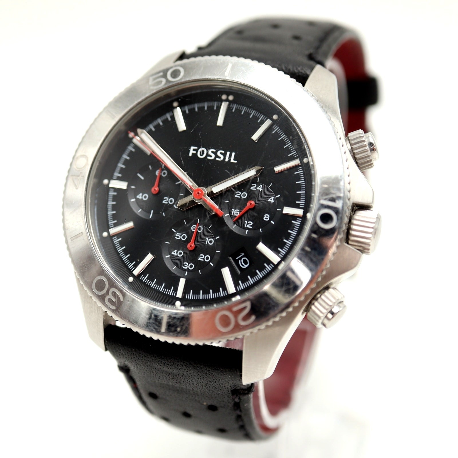Fossil Retro Traveler Chronograph 44mm Watch Black Leather CH2859 w New Battery