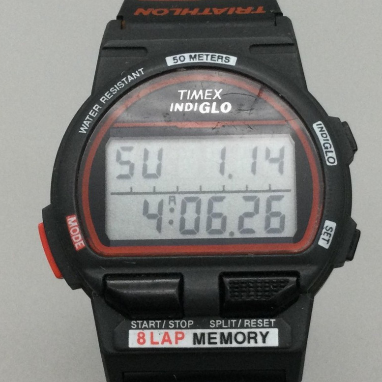 Vintage Timex Ironman Triathlon Mens Watch 36mm Black Indiglo 8-Lap 50M Day Date