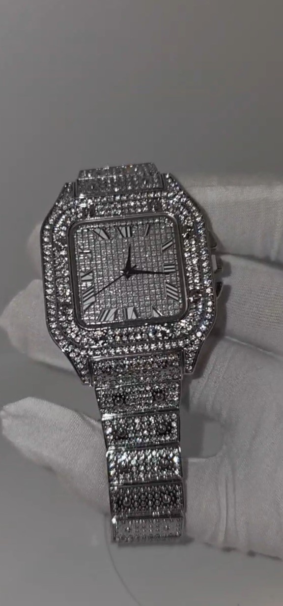 Iced Out Silver Square Analog Watch – Roman Numerals Metal Bracelet