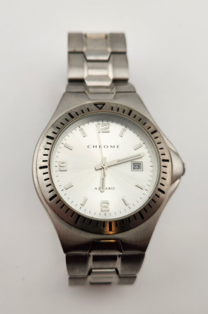 Mens Azzaro Chrome Silver Dial Round Silver Tone Stainless Steel Band Watch