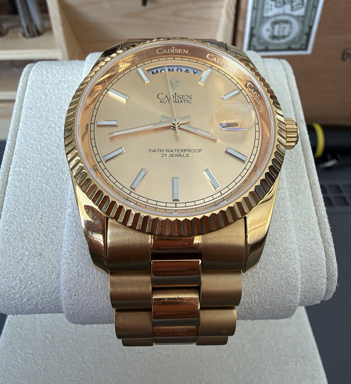 CADISEN Automatic Men’s Watch Gold Dial Day-Date 100m SS Bracelet 40mm