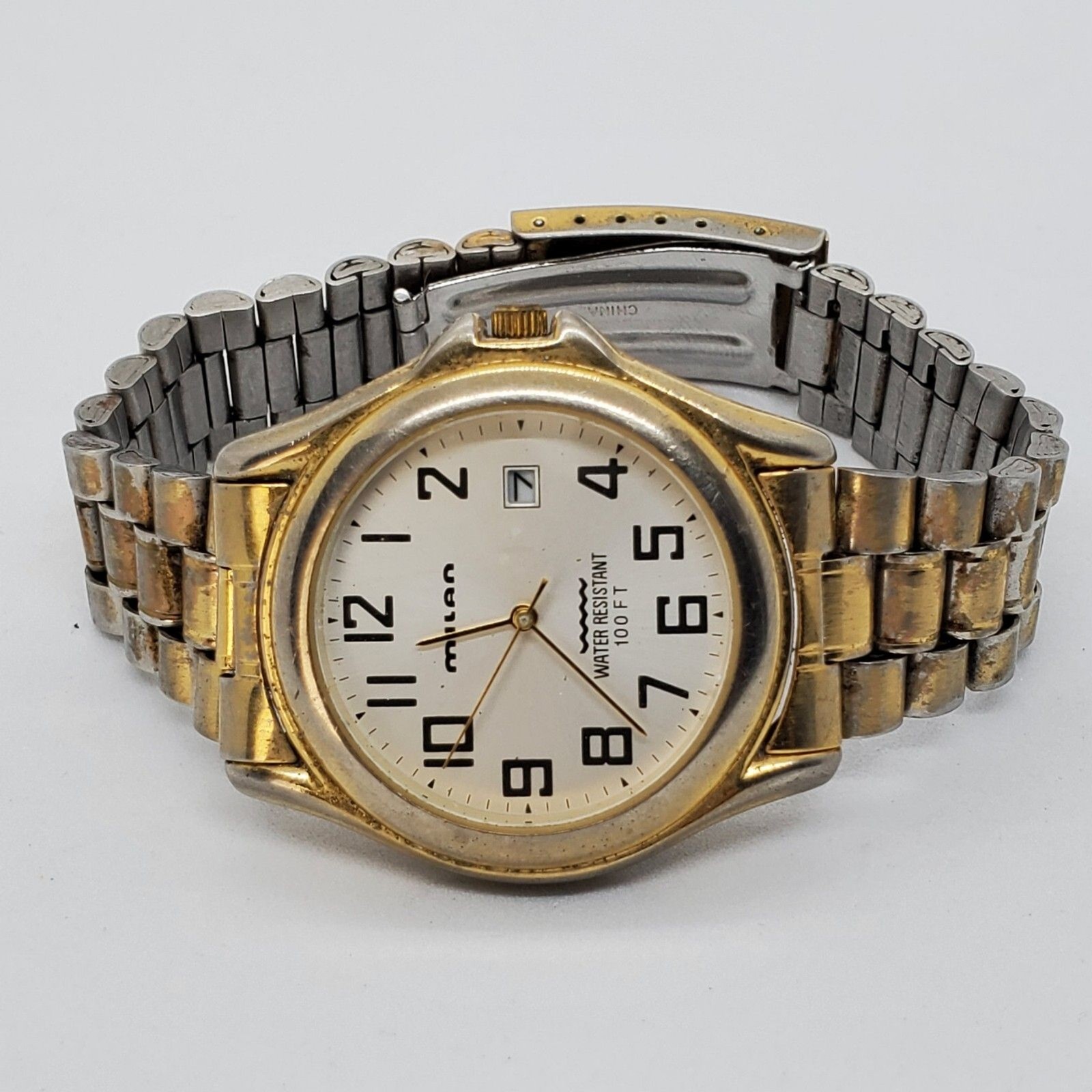 VTG Milan Men’s Watch 42MM Gold Dial Date Gold Bracelet Band 7.5″ New Battery