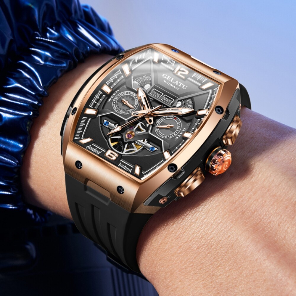 Men’s Automatic Mechanical Watch Tonneau Sapphire Glass 50M Waterproof Luminous