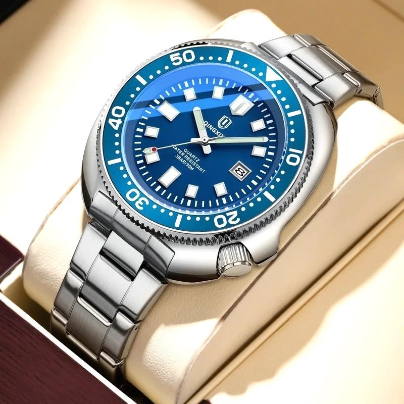 44MM QINGXIYA Tuna Quartz Mens Watch Stainless Steel 30M Waterproof Luminous NEW