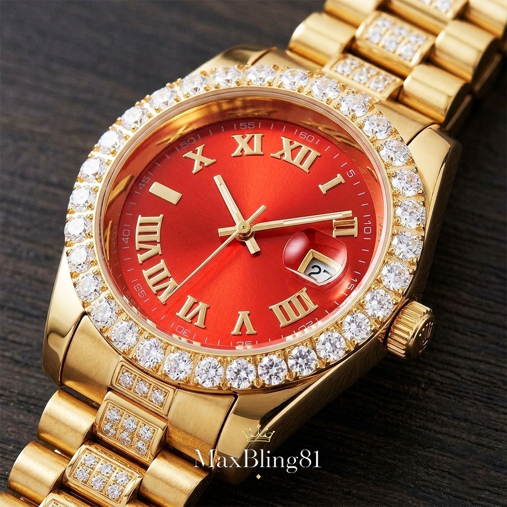 High-End Stainless Steel Men Iced Watch Luxury Moissanite Red Dial Roman Date