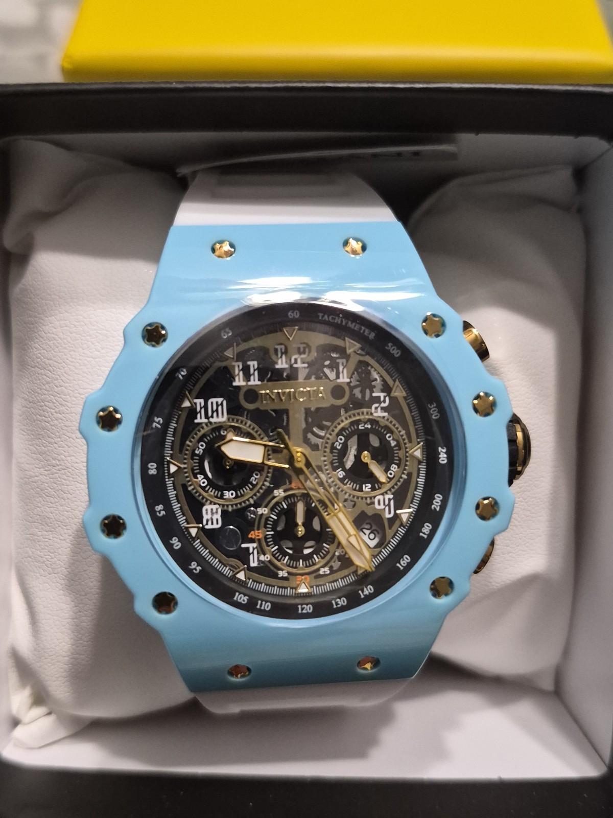 Invicta Bolt Quartz Chronograph 50mm 50m Blue Case White Silicone Strap Box