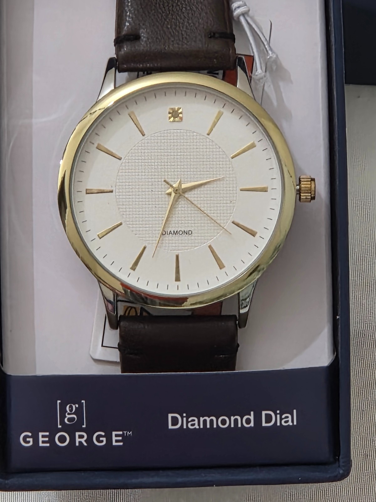 George Men Analog Watch In Box 44mm Rnd 2Tone Case PU Brown Strap Diamond On Dia
