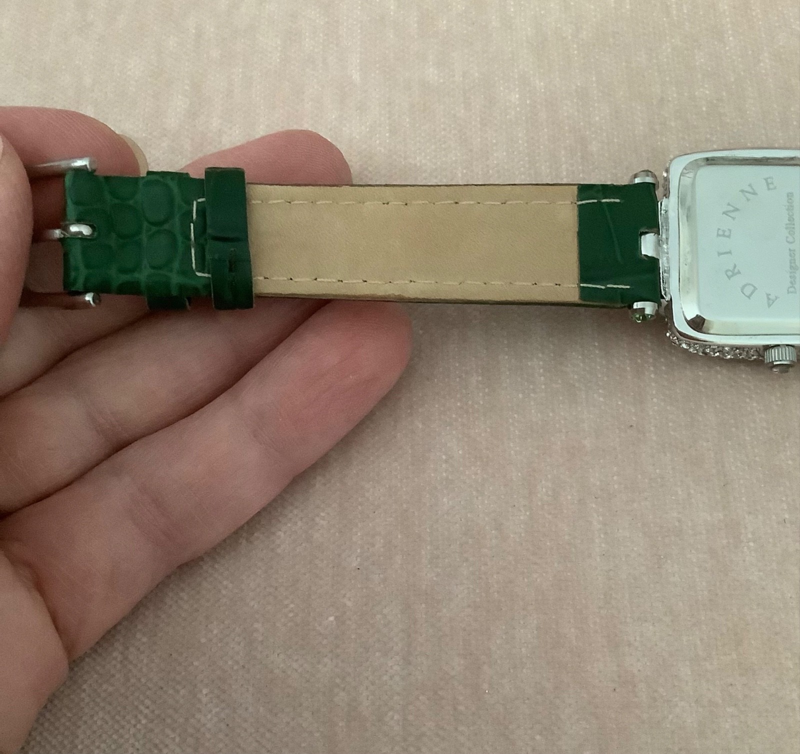 Adrienne Designer Collection Square Rhinestone Ladies Green Leather Band Watch