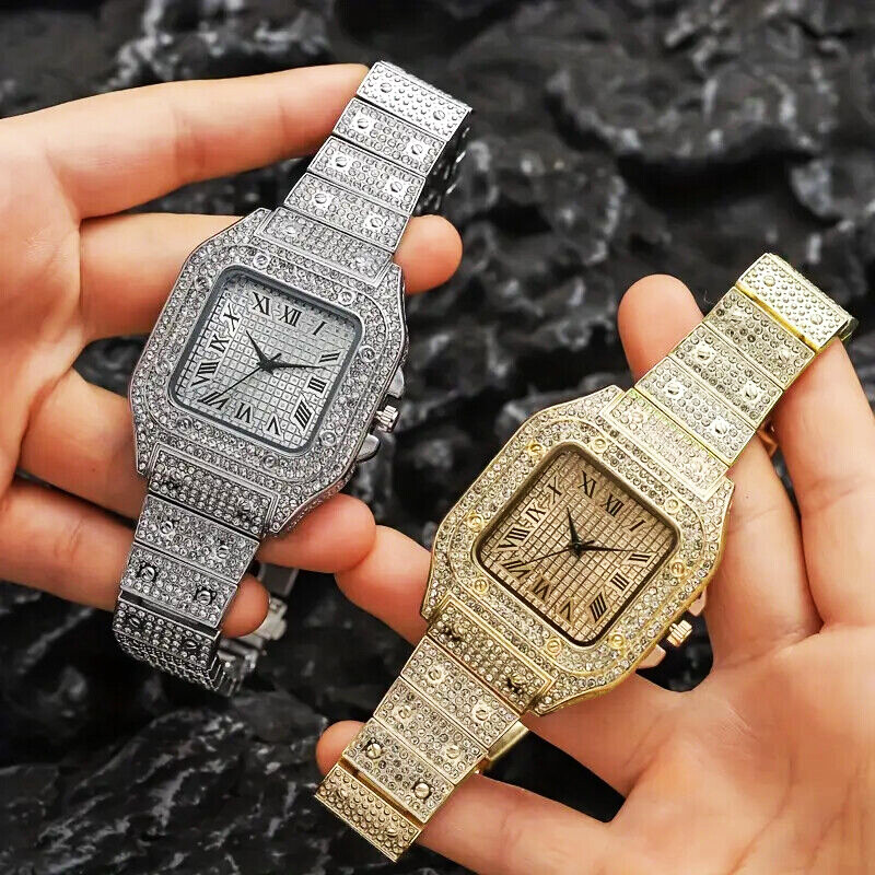 ICED WATCH LUXURY GOLD SILVER PLATED SIMULATED DIAMOND METAL BAND WRIST SQUARE