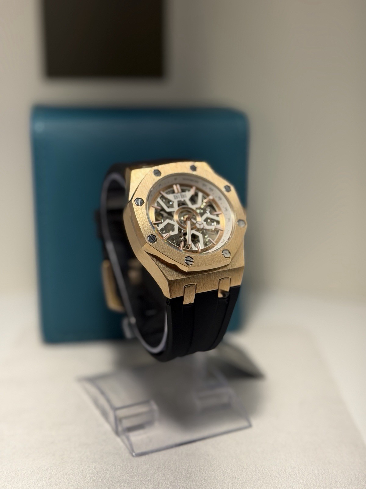 BIBI Skeleton Automatic Watch Rose Gold Black Silicone Strap 41.5mm! SLEEK! NEW!