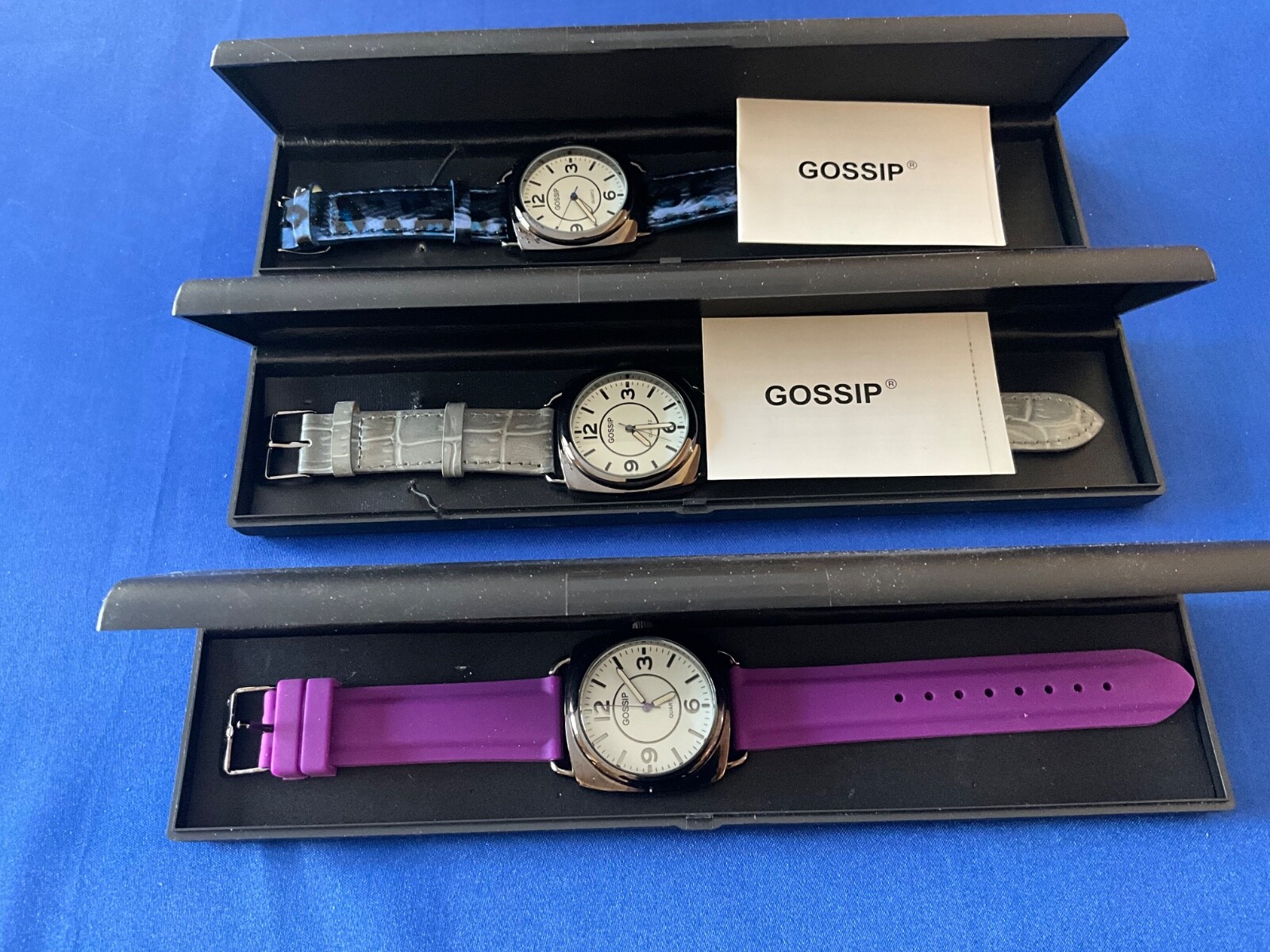 3 Gossip Ladies Watch One Of Each Blue, Gray, And Purple