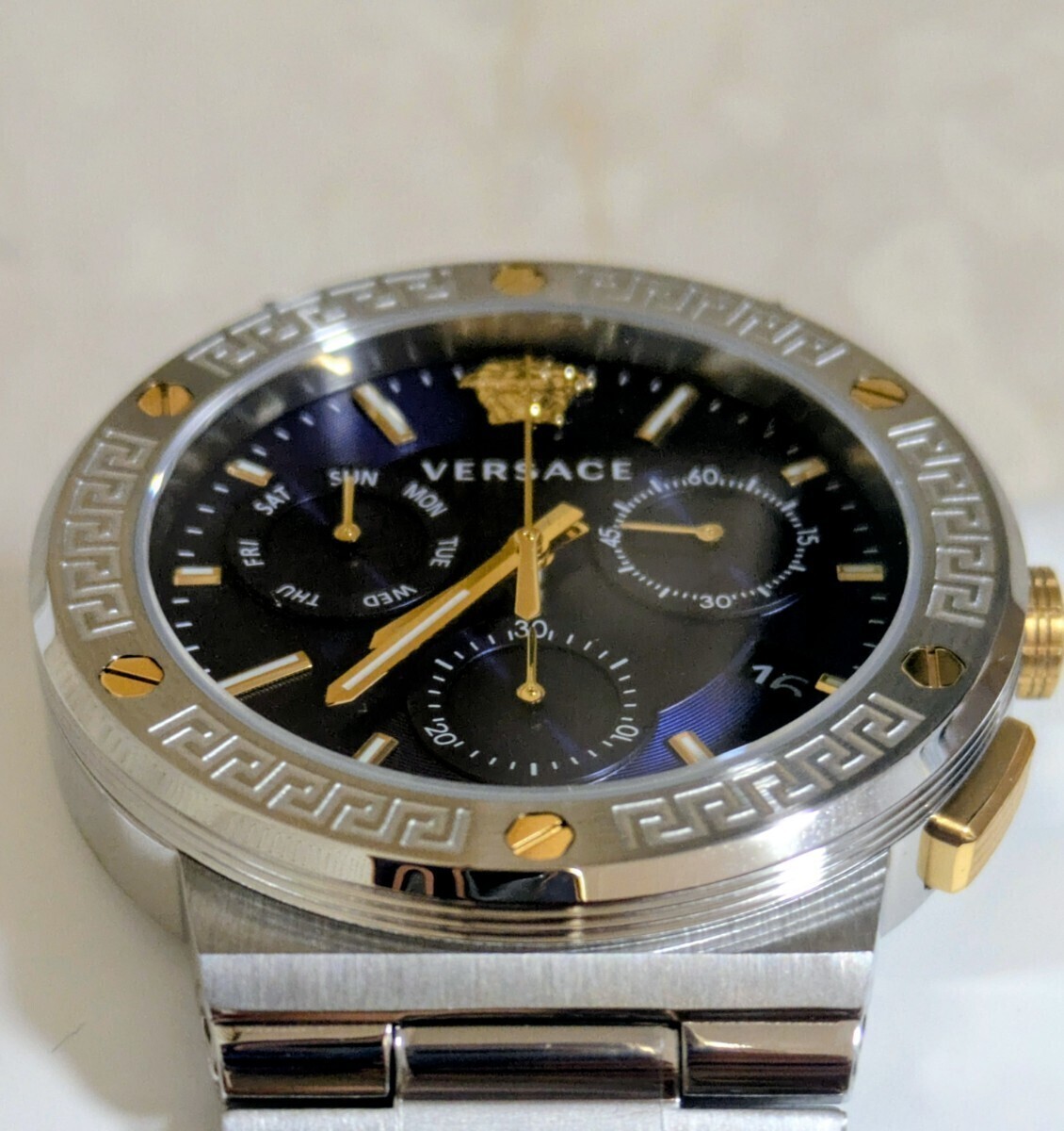 [B1Y] Versace Greca Logo Chronograph Blue Steel Watch VEZ900221 [w9s]