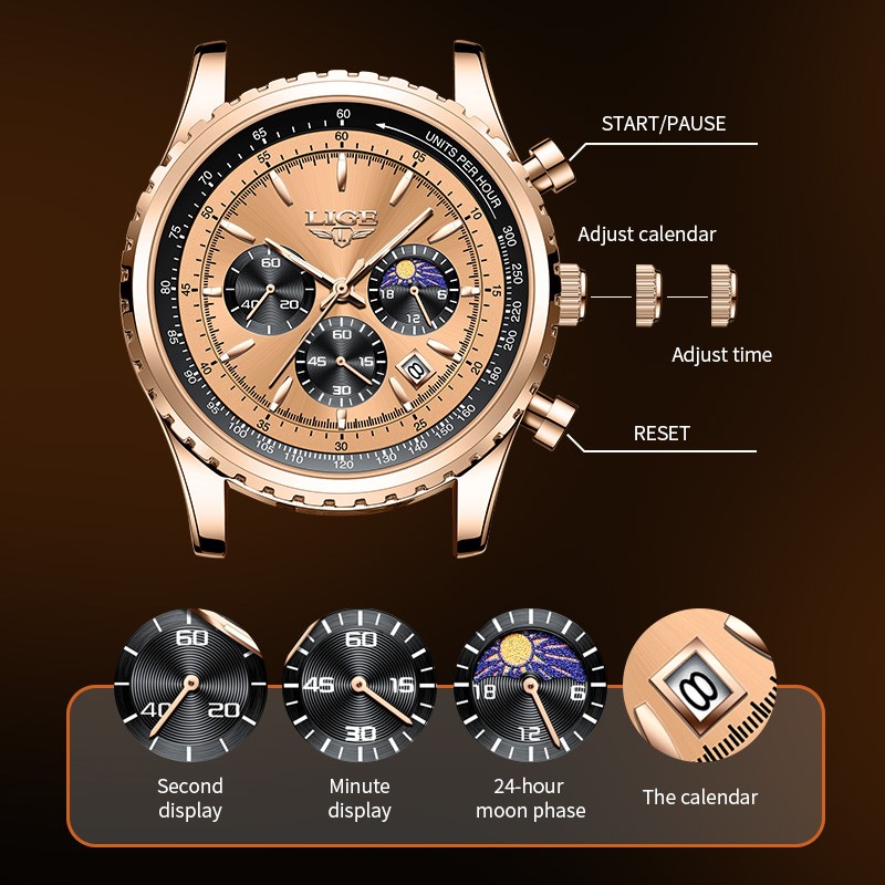 LIGE Men Watch Quartz Date Luminous Chronograph Waterproof Stainless Steel Watch