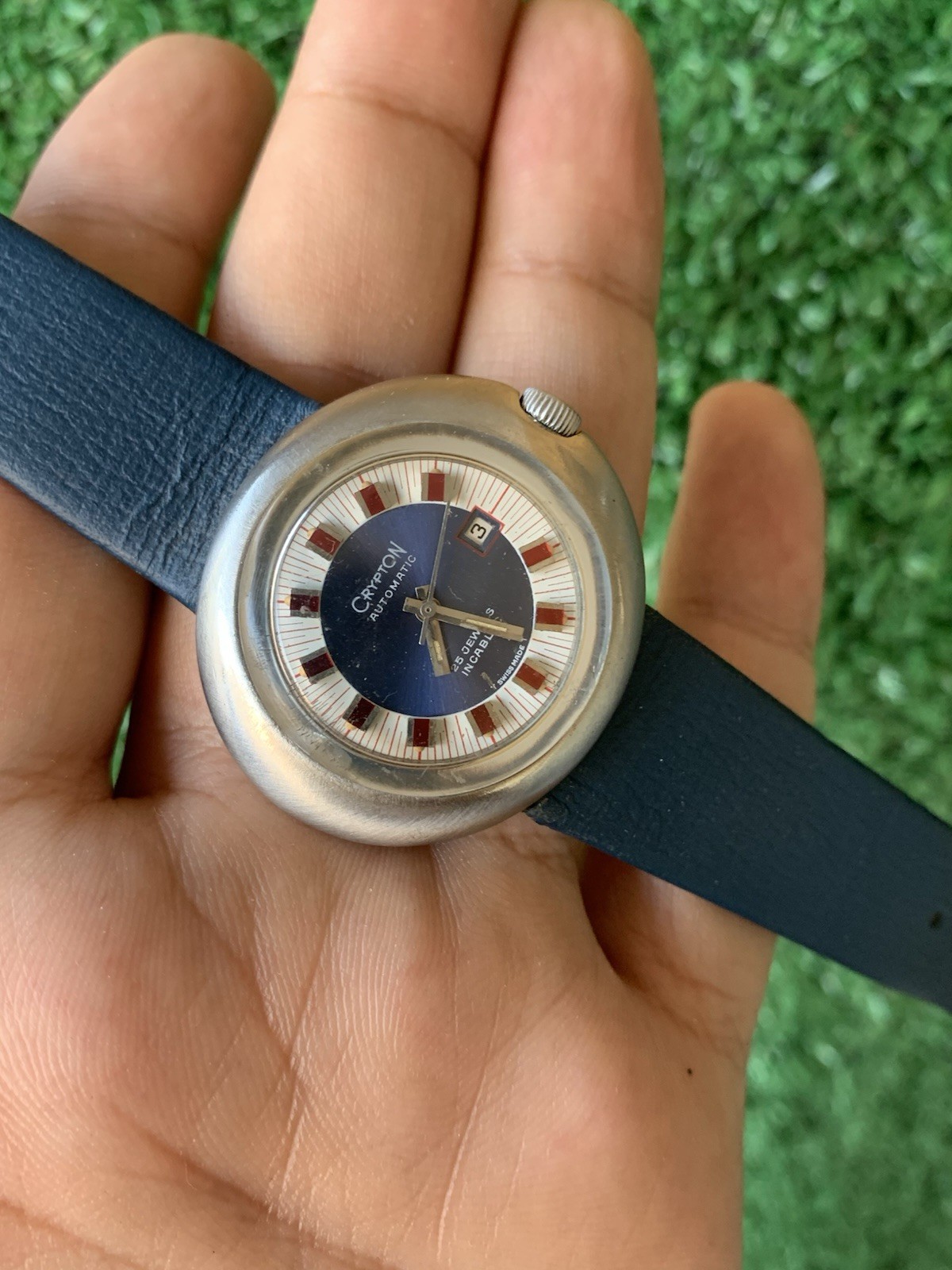 Crypton Automatic Mechanical Watch 25 Jewels Date Blue 37mm 1970s Vintage Red