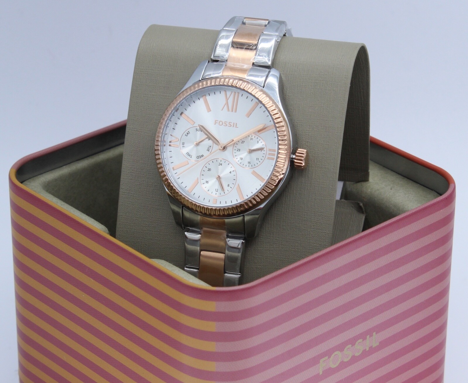 NEW AUTHENTIC FOSSIL RYE MULTIFUNCTION SILVER ROSE GOLD WOMEN’S BQ3761 WATCH