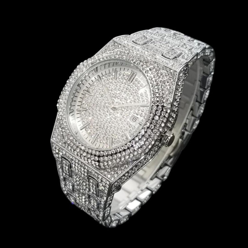 Luxury Bust Down Date VVS Iced Out Diamond Watch, Men’s Hip Hop Icy Watch