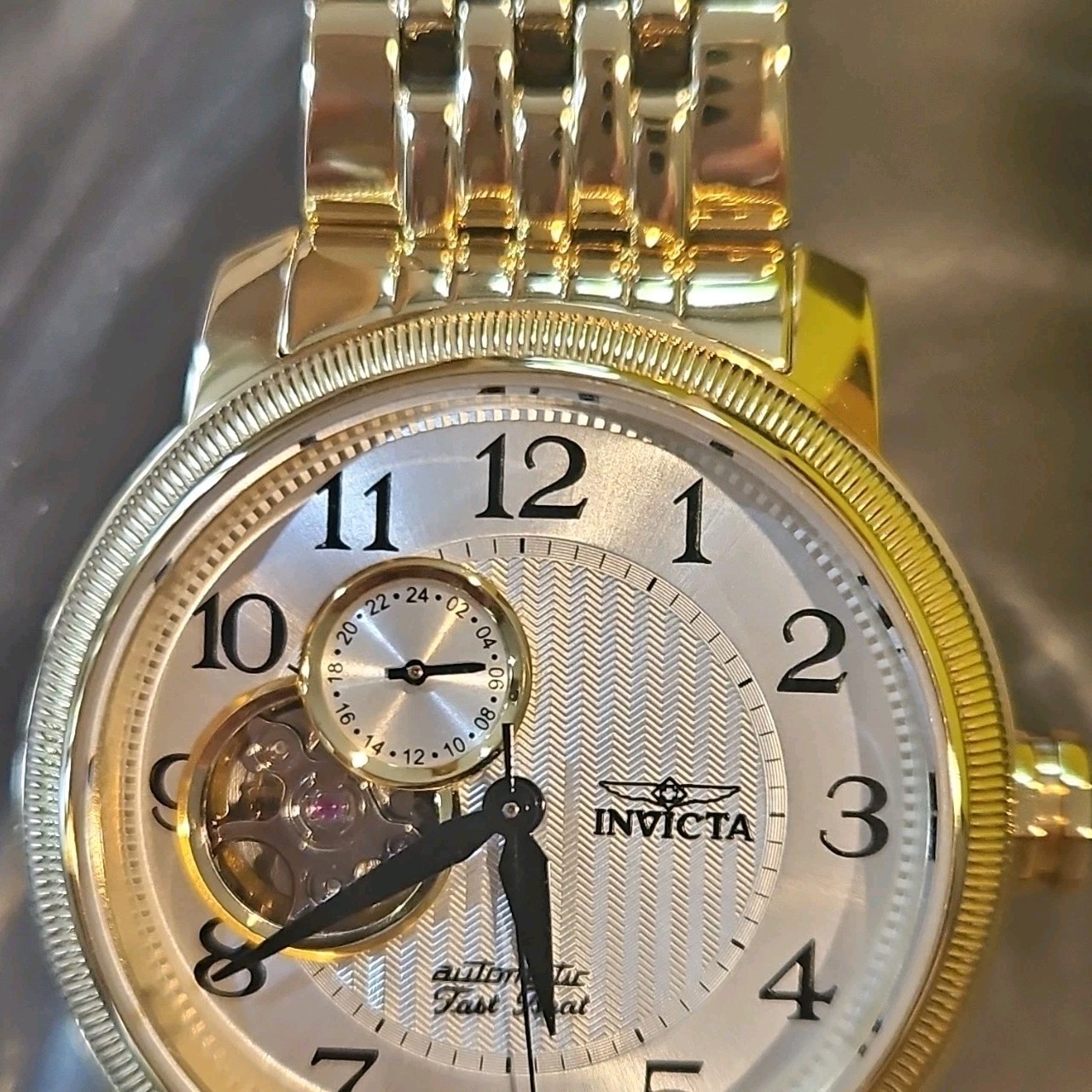 Invicta Flame Fusion Automatic Men’s Gold Tone Bracelet Silver Dial Open Heart
