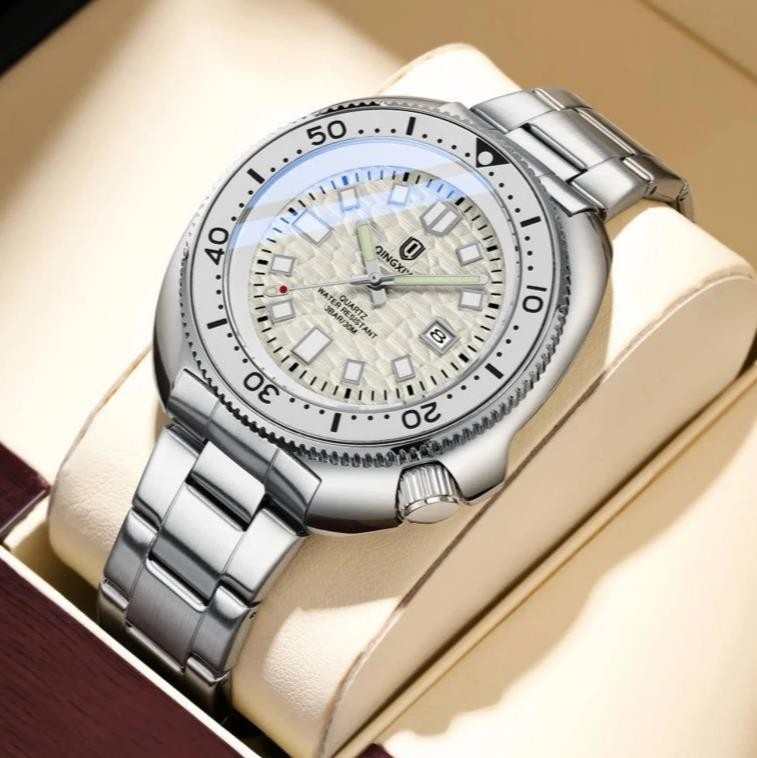 44MM QINGXIYA Tuna Quartz Mens Watch Stainless Steel 30M Waterproof Luminous NEW