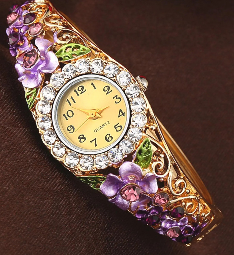 Watch Bracelet for Women Floral Design Multicolor Crystal Gold Plated Purple