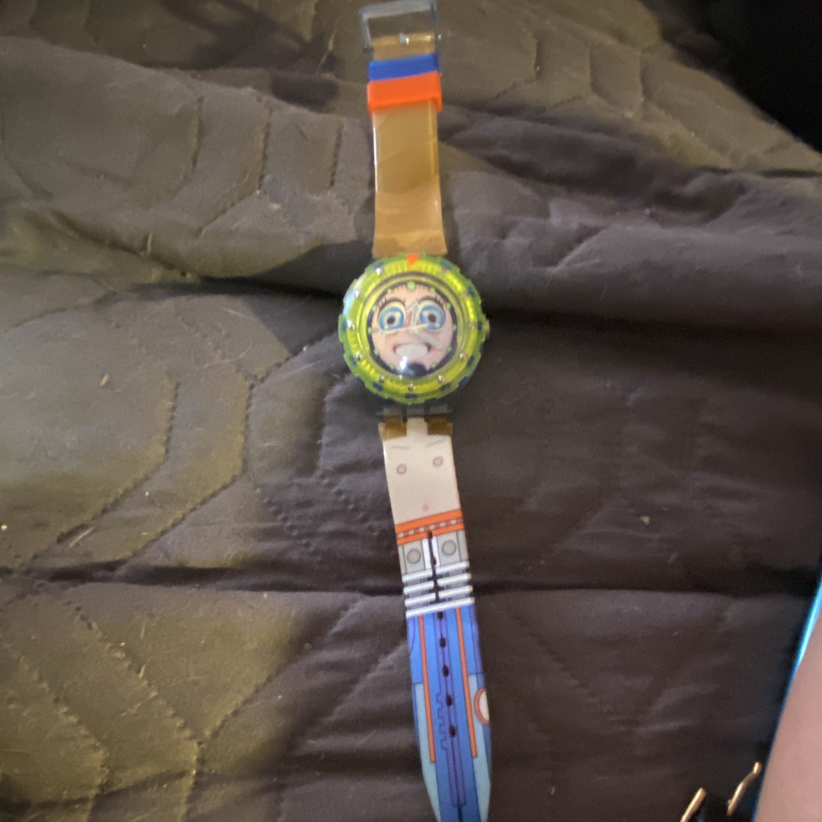 Swatch Kids Casual Analog Wristwatch Cartoon Dial Multicolor Blue/Tan Strap