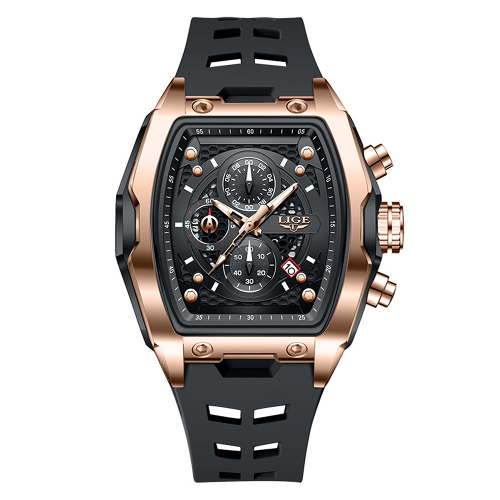 LIGE Men Watch Rectangle Sport Wristwatch Chronograph Quartz Silicone Watch Male