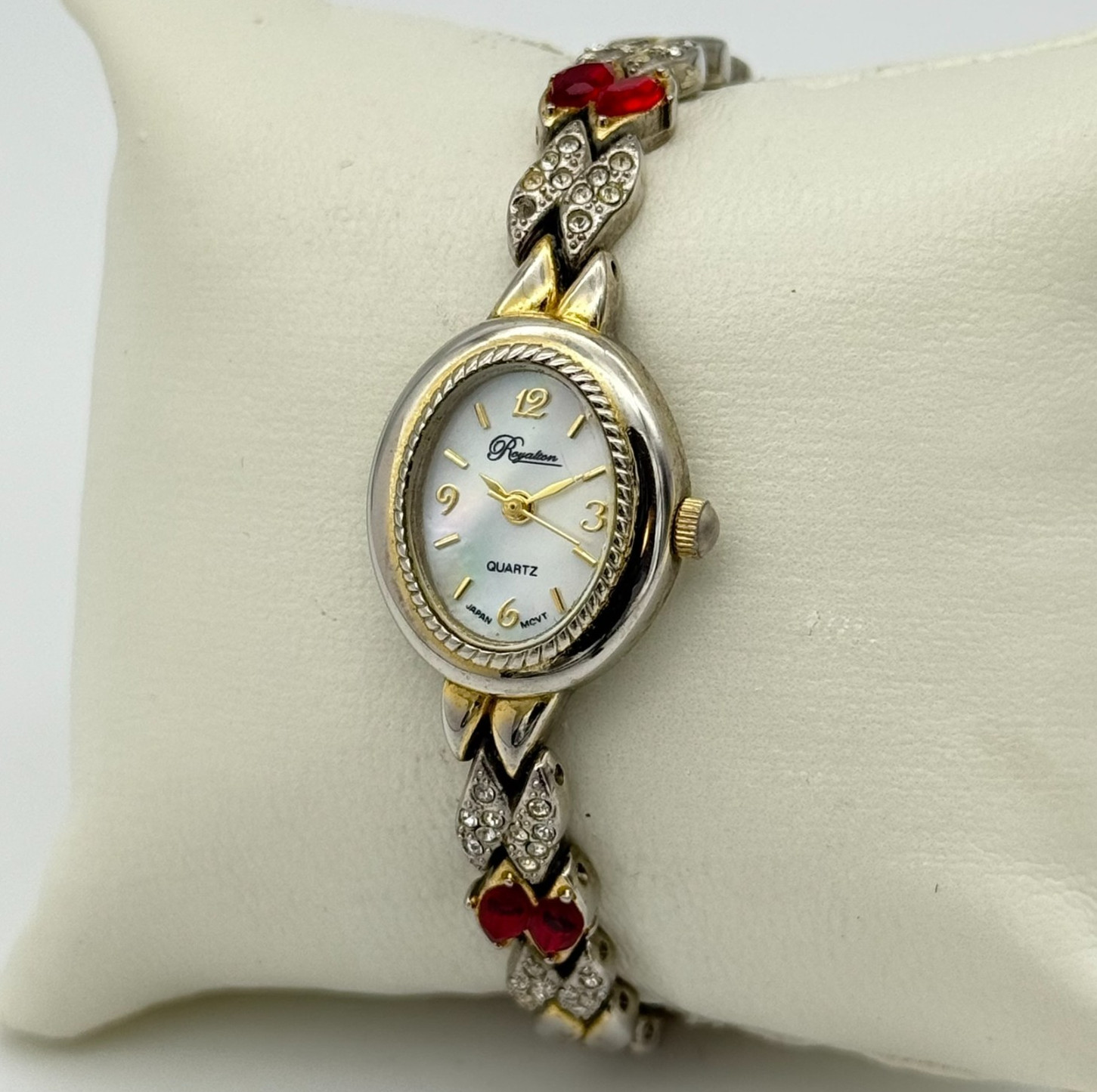 Women’s ROYALTON Gold Tone Petite Oval Bracelet Watch, MOP Dial, Red Crystals