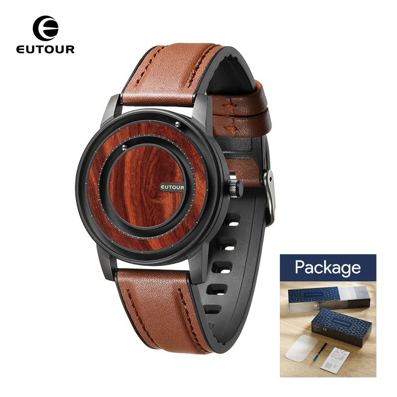 EUTOUR Magnetic Ball Watch Wooden Dial Quartz Wristwatch Unisex Leather Strap