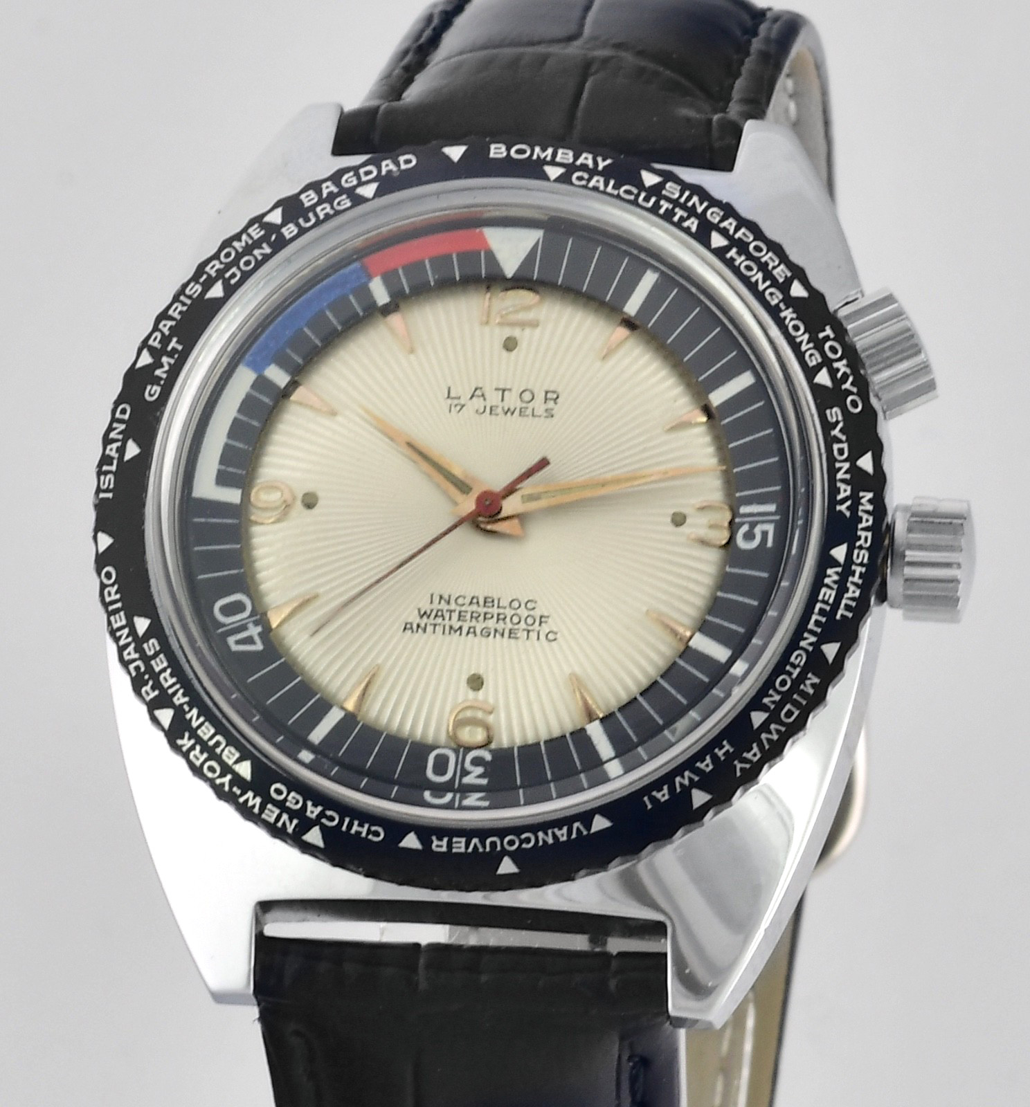 Vintage LATOR 17 Jewels Incabloc Waterproof World Time Mens Wristwatch