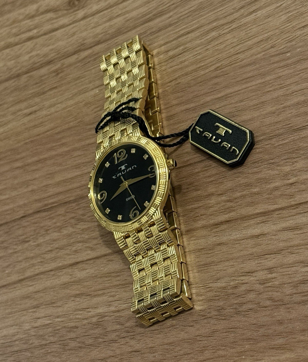 TAVAN 3765-200 Watch – Gold Tone, Black Dial, Genuine Diamond (untested) NWT