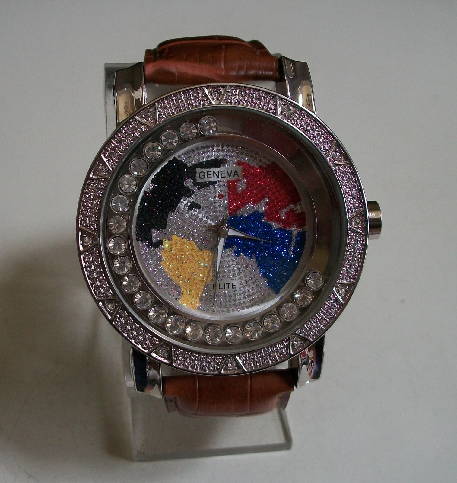 Men Floating Stone Silver Multicolor, Plain, Map Dial Leather Band Hip Hop Watch