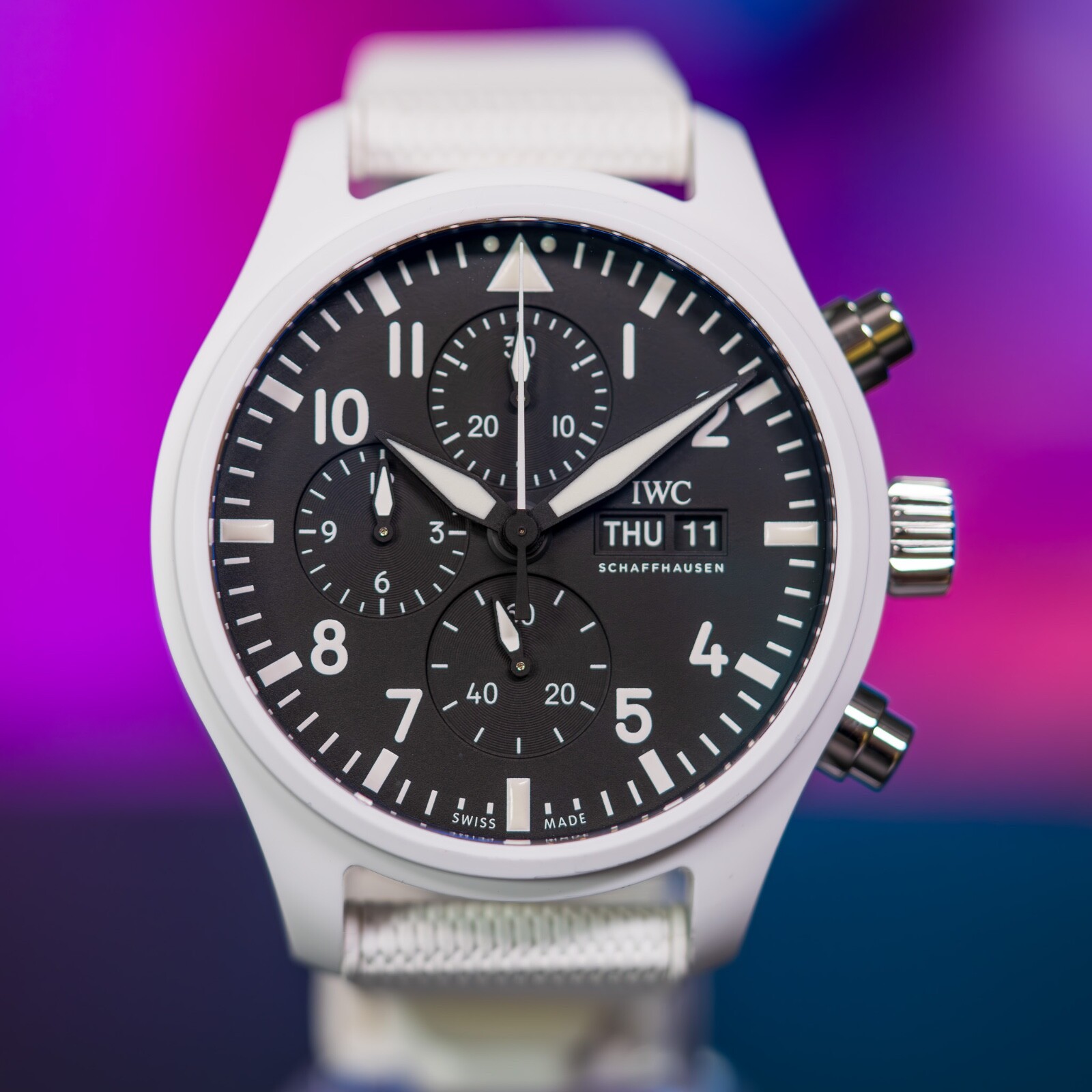 IWC Pilot Chronograph Top Gun “Lake Tahoe” Box & Papers IW389105 White Ceramic