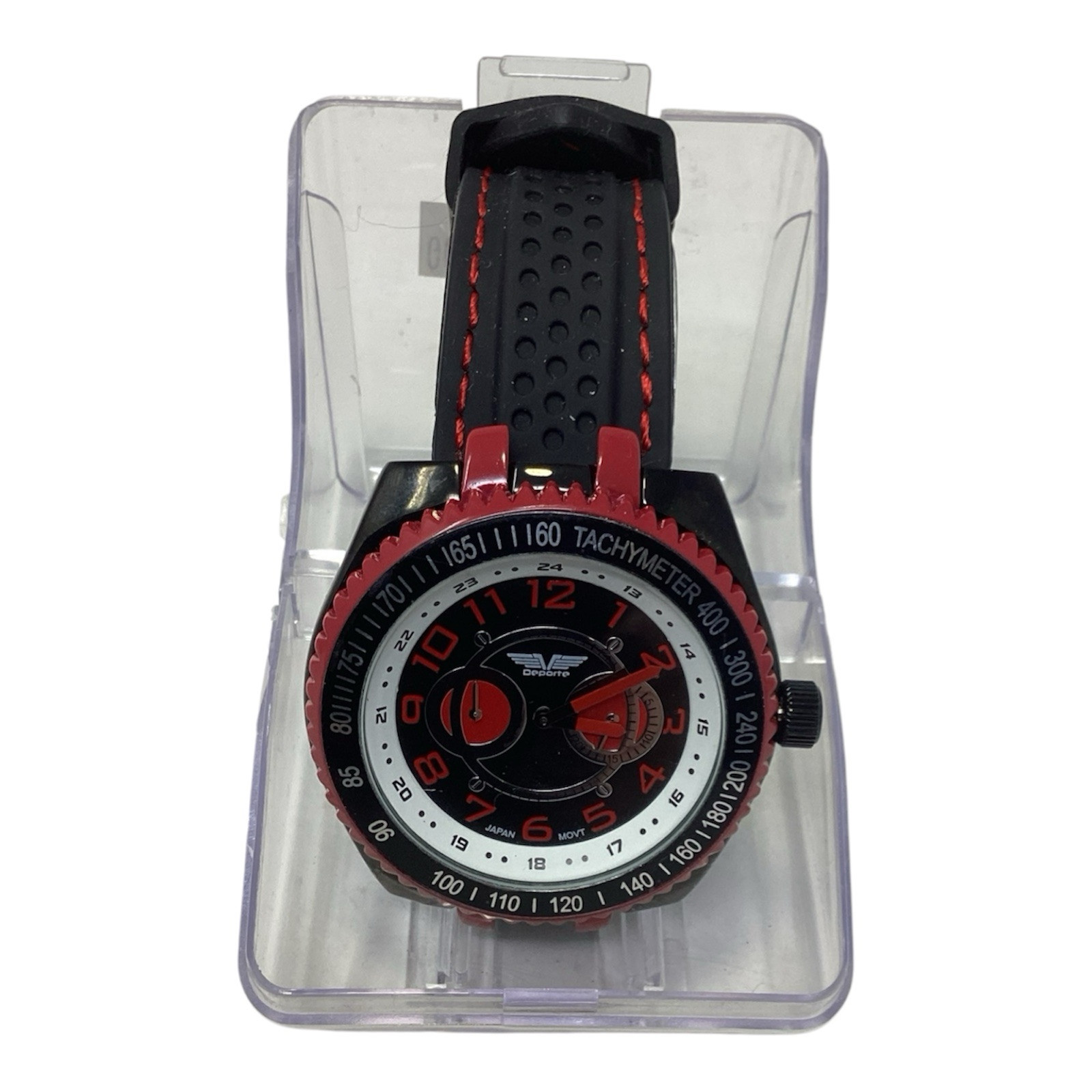 Deporte No. 9683 Tachometer Watch Black Band Red Trim Large Face Needs Battery