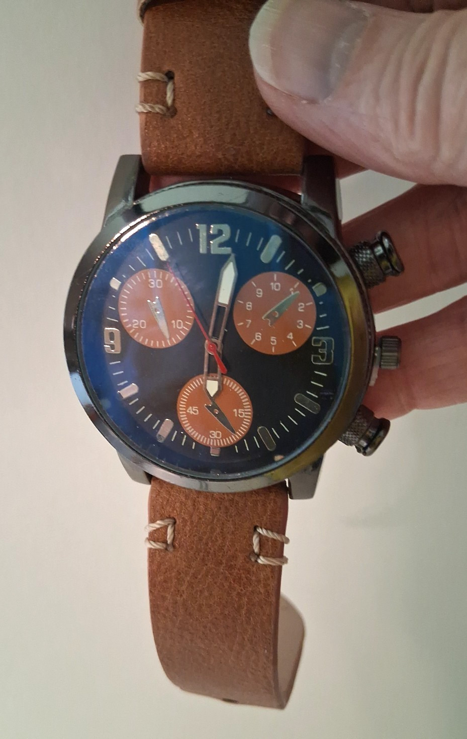 Chronograph Watch Dark Brown face Brown subdials Brown leather strap Working