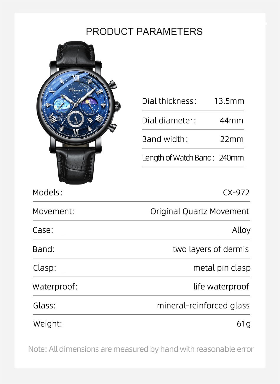 CHENXI Men’s Luminous Dial Calendar Chronograph Moon Phase Business Quartz Watch