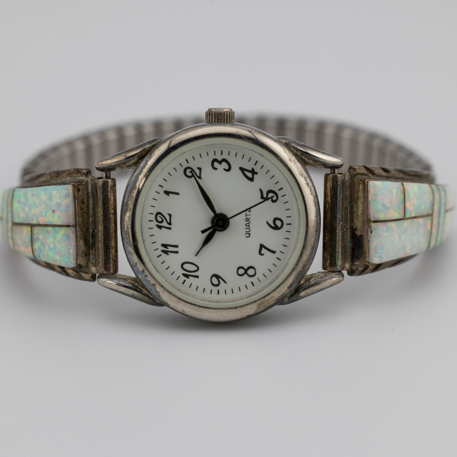 Opal Inlay 925 Sterling Silver Tips Quartz Women’s Watch Sz. 6″ New Battery