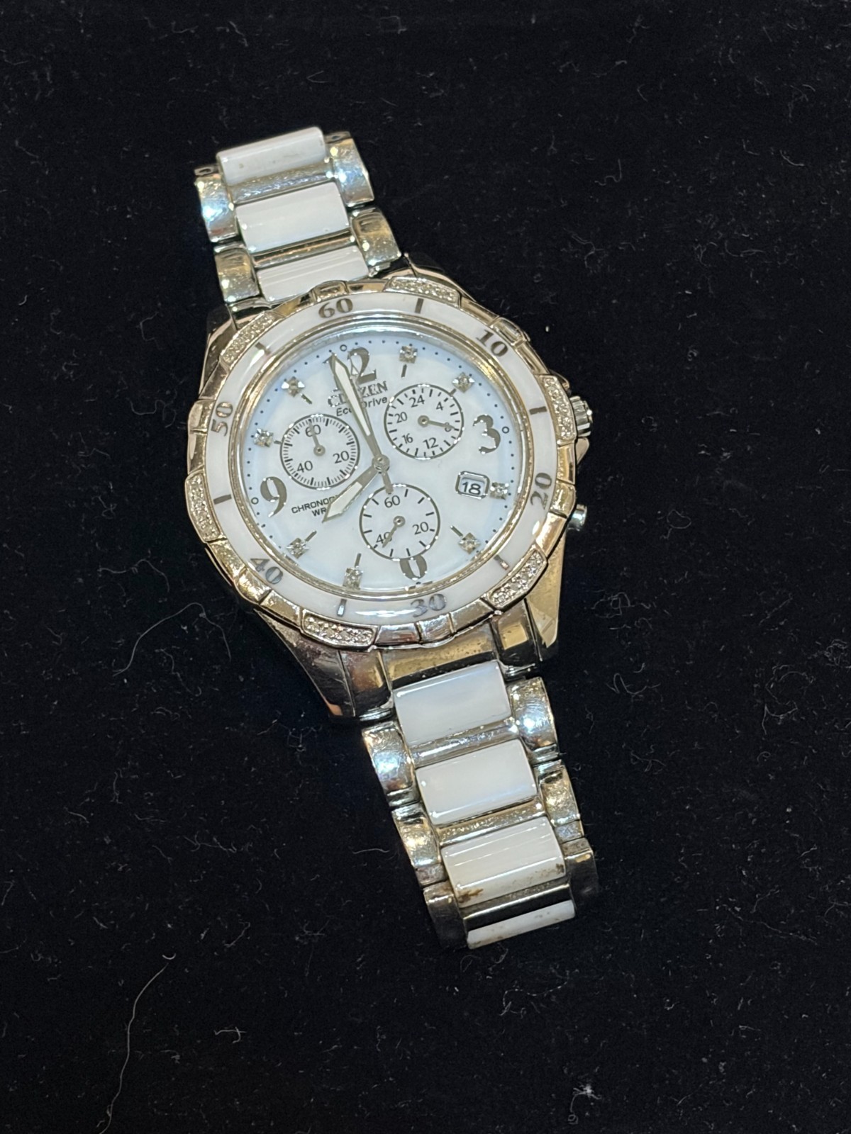 Women’s Citizen Eco-Drive Chronograph Watch, Sterling Silver with White Ceramic