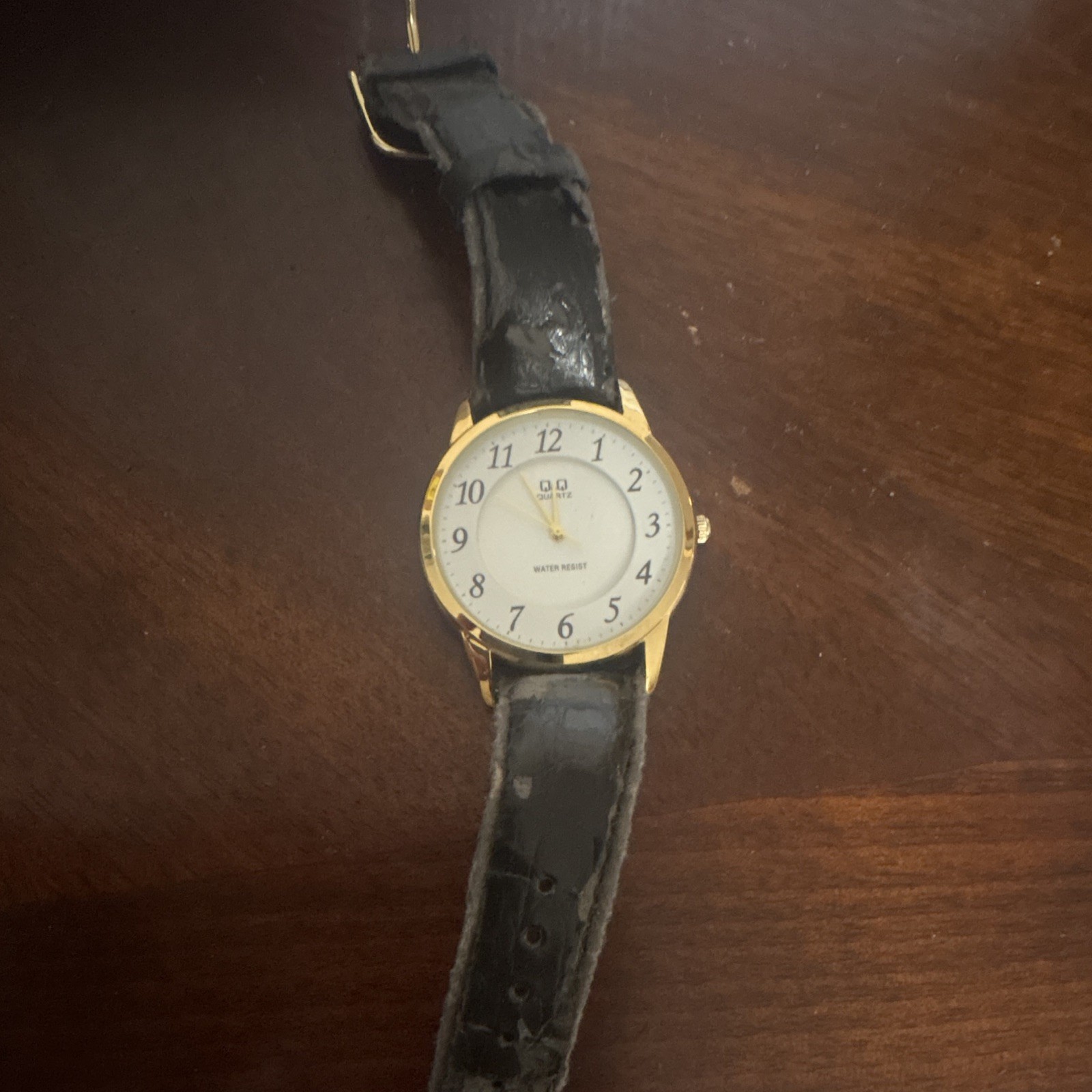 Q&Q Quartz Water-Resistant Analog Watch Gold-Tone Case White Dial Black Leather