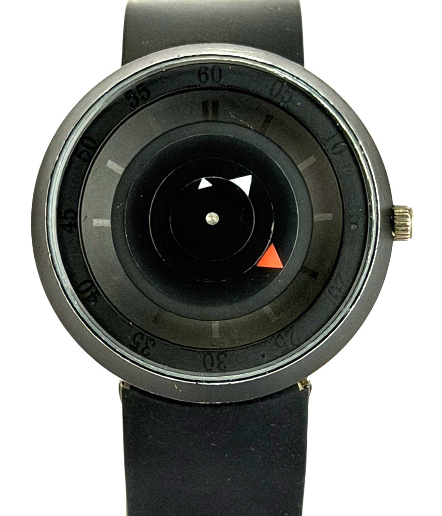 Minimalist Rotating Disk Watch w Black Rubber Band 3D Turntable NEW BATT