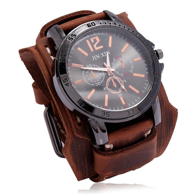 NEW Wide Leather Watch Cuff Band Brown Wrist Black Strap Punk Retro Quartz Mens