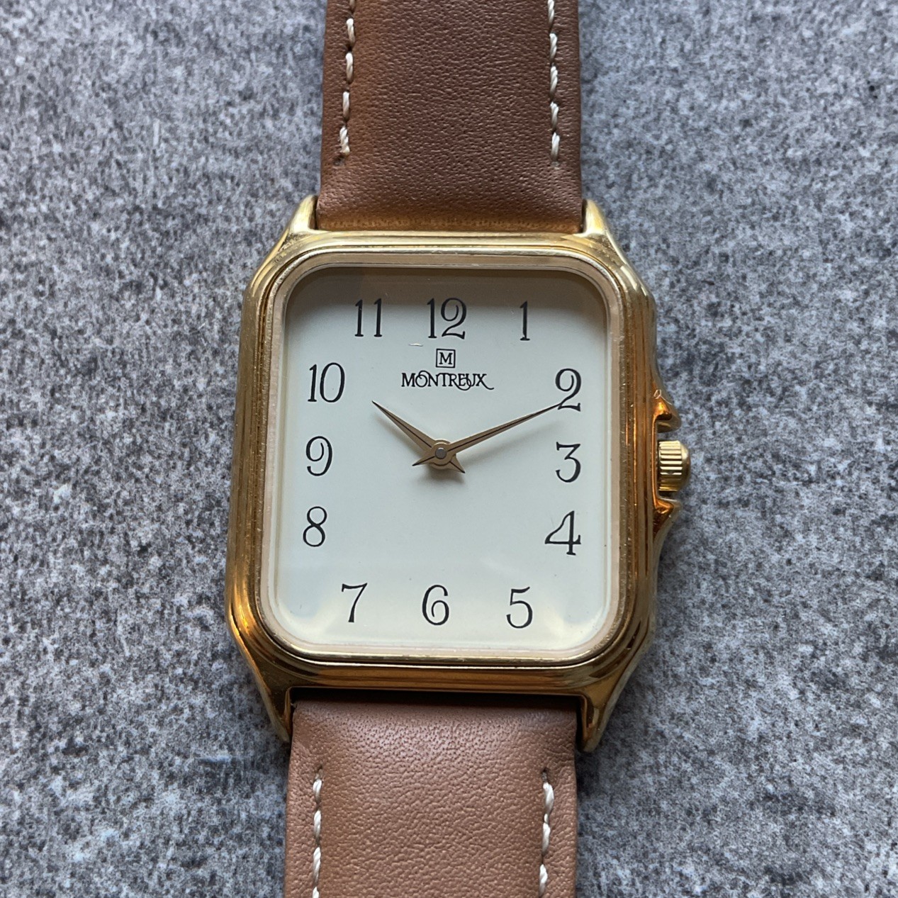 Vintage Montreux Swiss Movement 28mm Gold Tone Mens Tank Watch Brown Leather A12