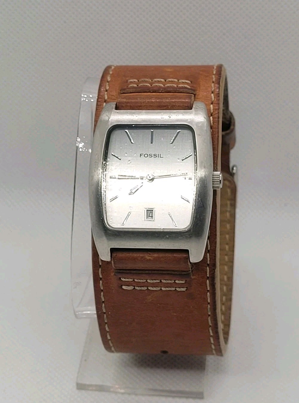 Quartz Watch FOSSIL Mate Silver Case Brown Leather Band Up To 7.5in
