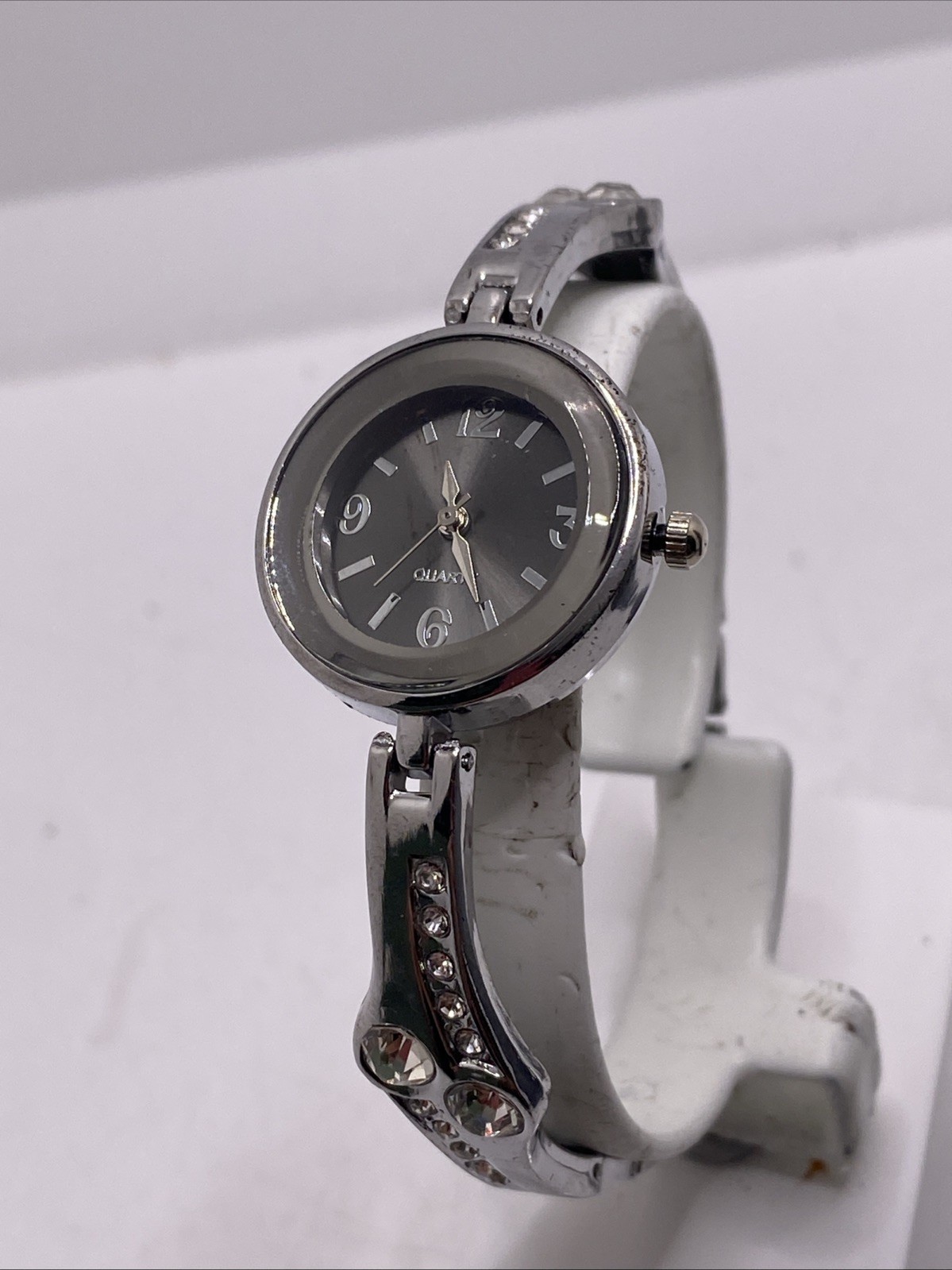 Womens Silver Clear Gem Cuff Bangle Watch Works New Battery