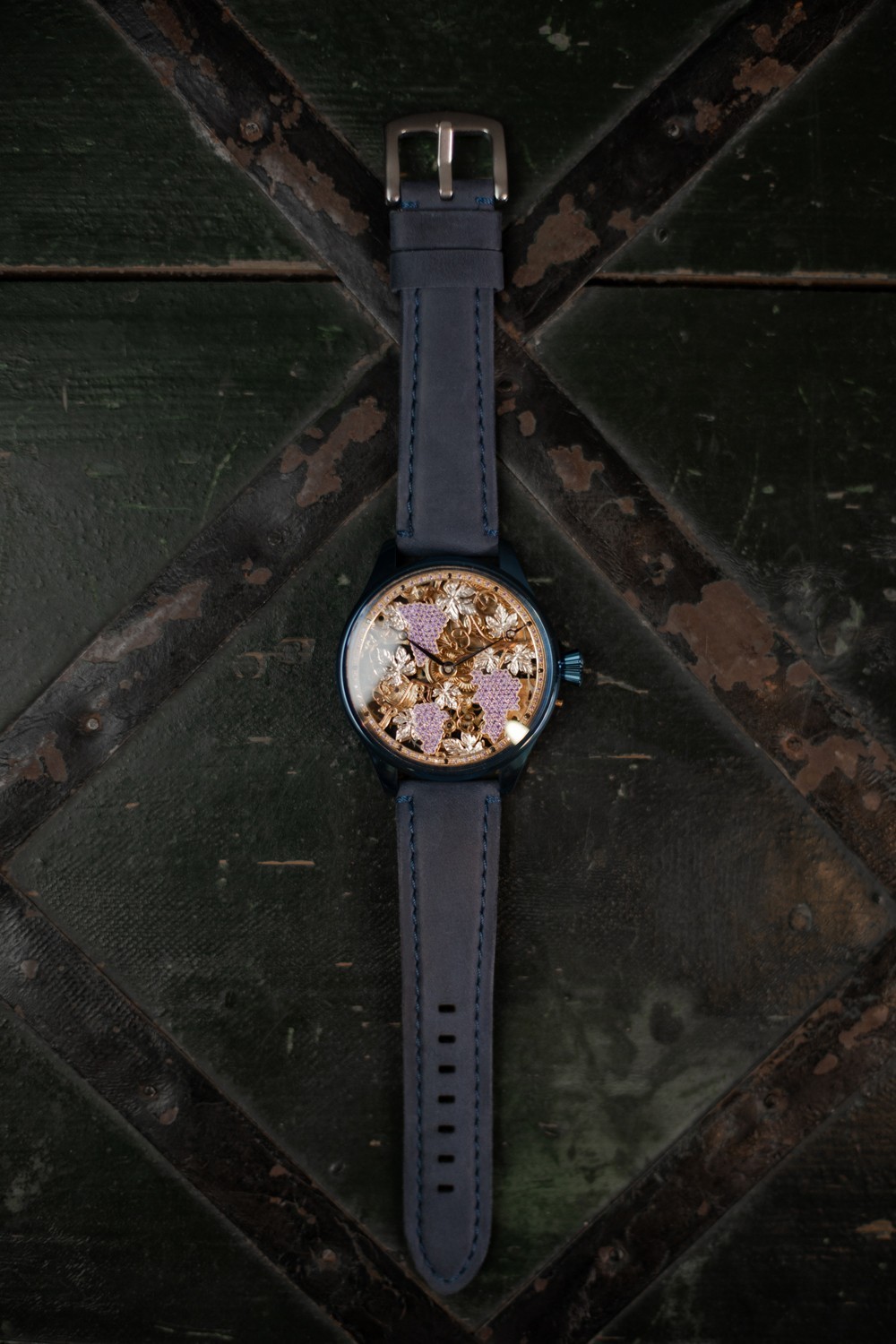 SWISS MOVEMENT SKELETON “GRAPE” ENGRAVED WRISTWATCH CUSTOM MADE MARRIAGE WATCH