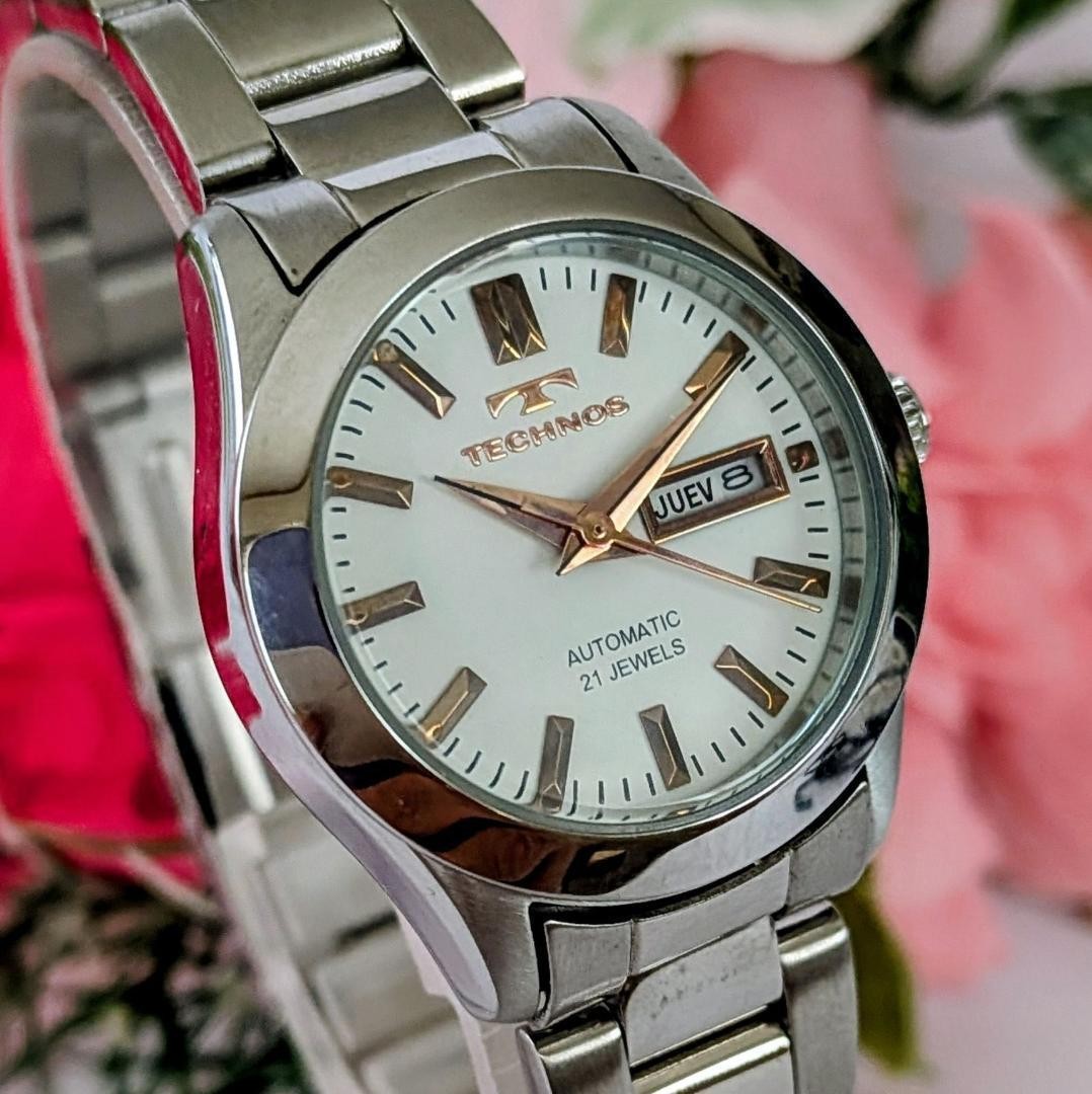 Technos Ladies White Automatic Watch Spanish Day Display Back Japan 073153
