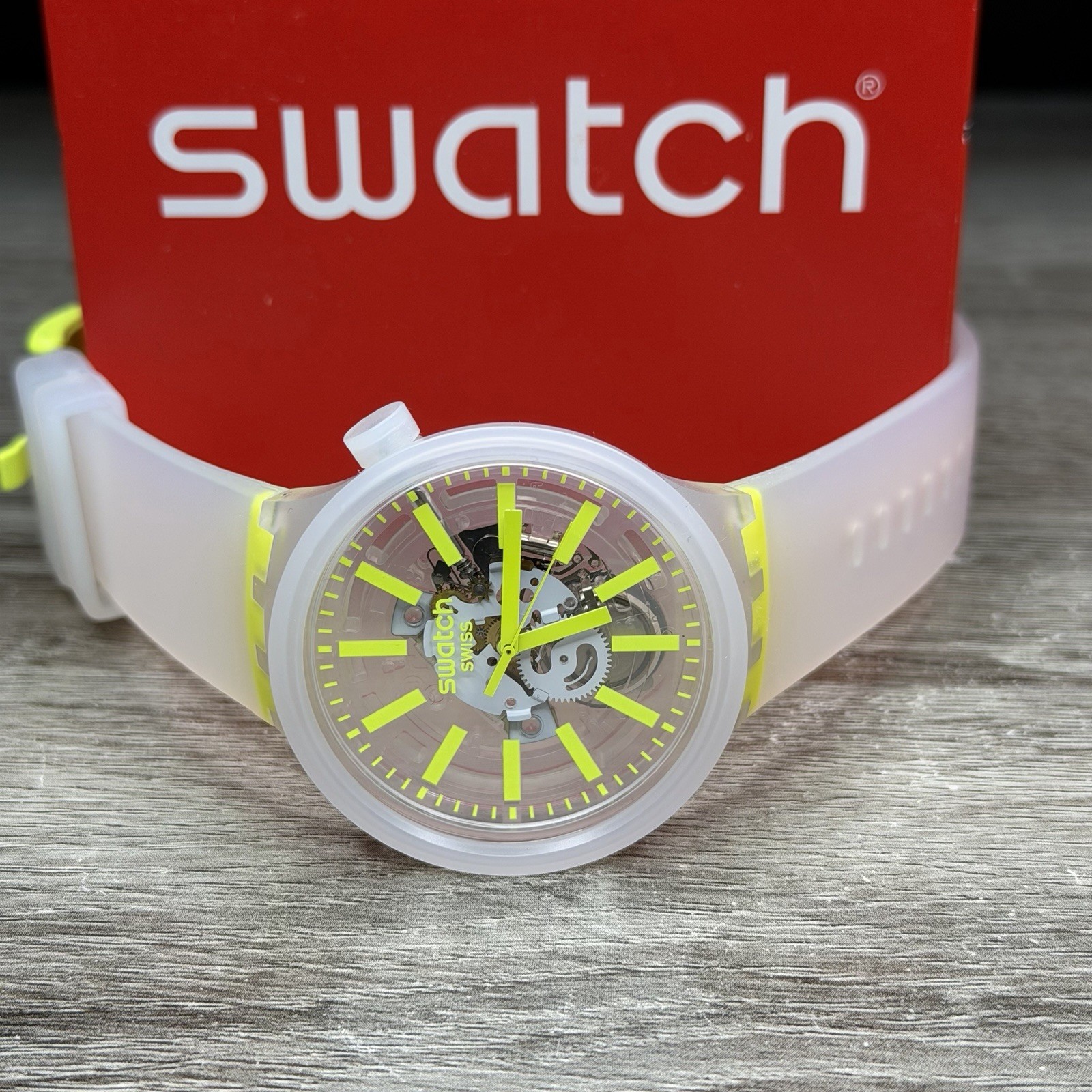 NEW✅SKELETON✅ Swatch Big Bold YELLOWINJELLY Transparent Men’s Watch SO27E103