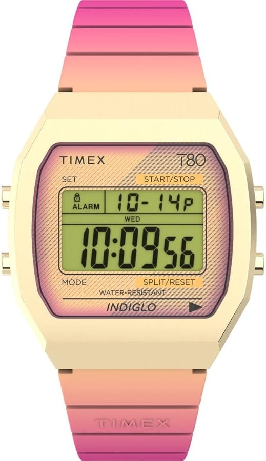 Original Timex T80 Retro Style Multi Colour Digital Indiglo 36mm Watch TW2V74400